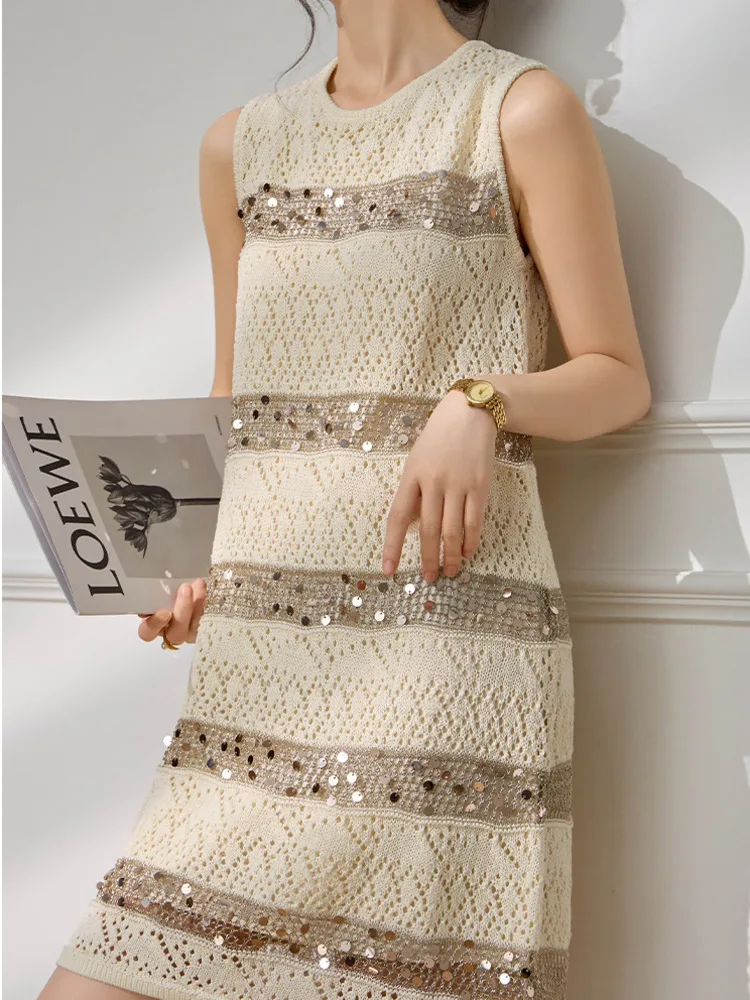 여성용 스팽글 스트라이프 니트 드레스 2025 - 섹시한 컷아웃 디자인, 민소매 바디콘 파티 이브닝 ​​드레스