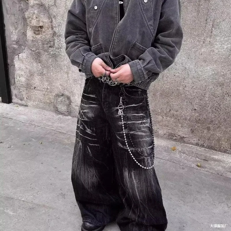 American High Street Trendy Washed Retro Men's Baggy Jeans Y2k Japan Korean Streetwear Harajuku Casual Wide Leg Denim Pants Men