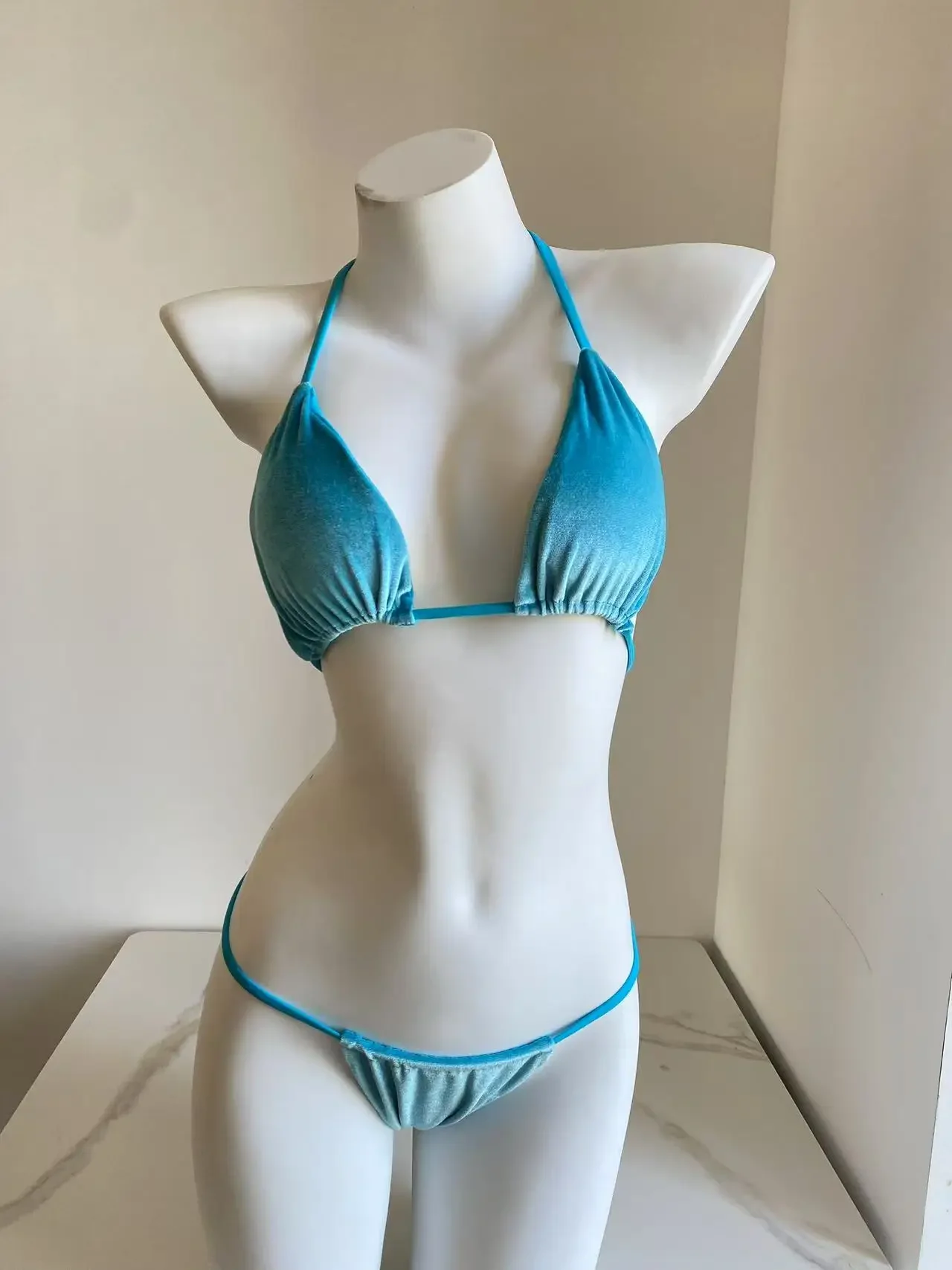 Bikini de terciopelo Sexy para Mujer, traje de baño con Tanga y cordones de color azul liso, traje de baño Bandage recortado, Micro traje de baño para playa 2025