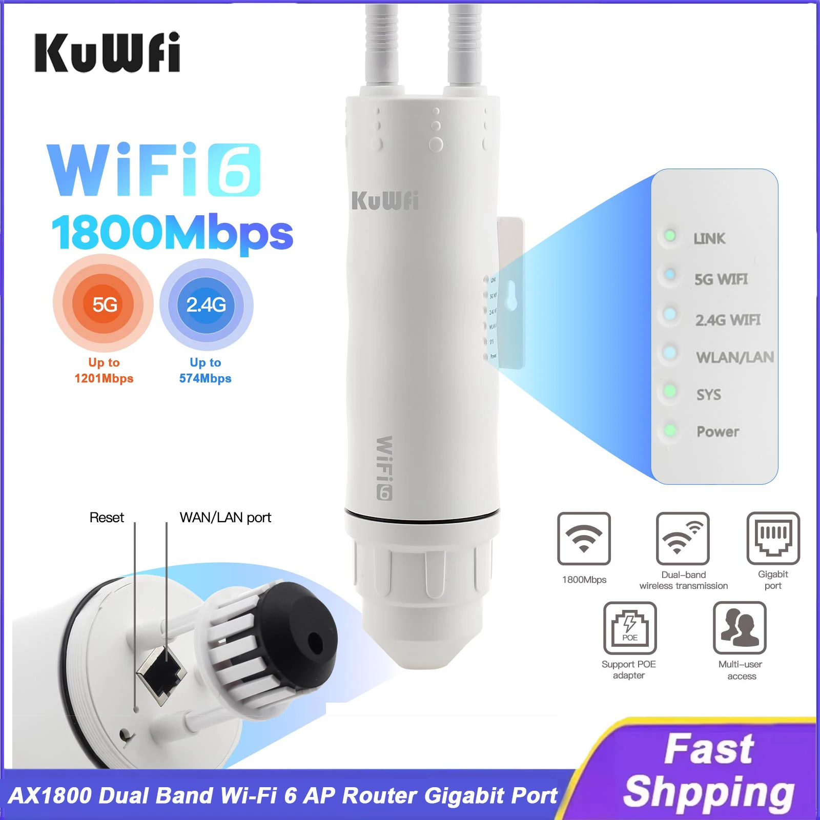 

KuWFi AX1800 Открытый маршрутизатор AP Двухдиапазонный Wi-Fi 6-маршрутизатор Gigabit Ethernet-порт Антенна с высоким коэффициентом усиления Повторитель точки доступа MESH IP67 для Stalink