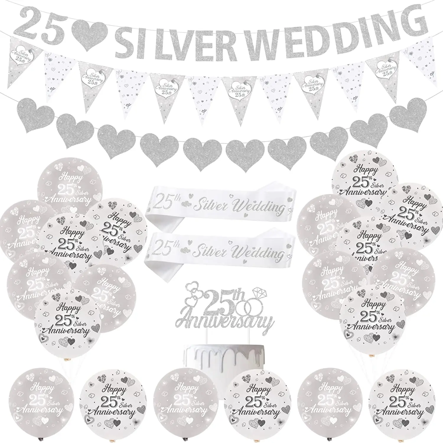 

Sursurprise-Silver Balloon Banner and Cake Topper, Satin Sash, Decoration Supplies, 25th Anniversary and Wedding, Party Decor