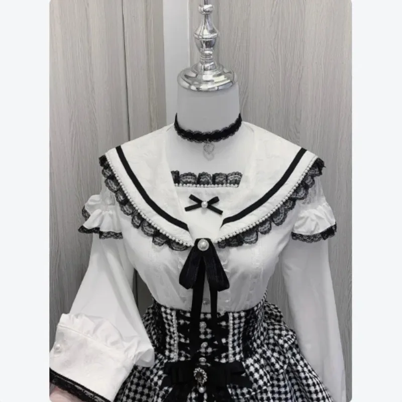 بلوزة لوليتا يابانية كاواي قميص نسائي بياقة بحار Y2k قطع علوية جمالية من الدانتيل مرقعة من الجرونج JK بلوزات بأزرار على شكل فيونكة لطيفة 2025 #2
