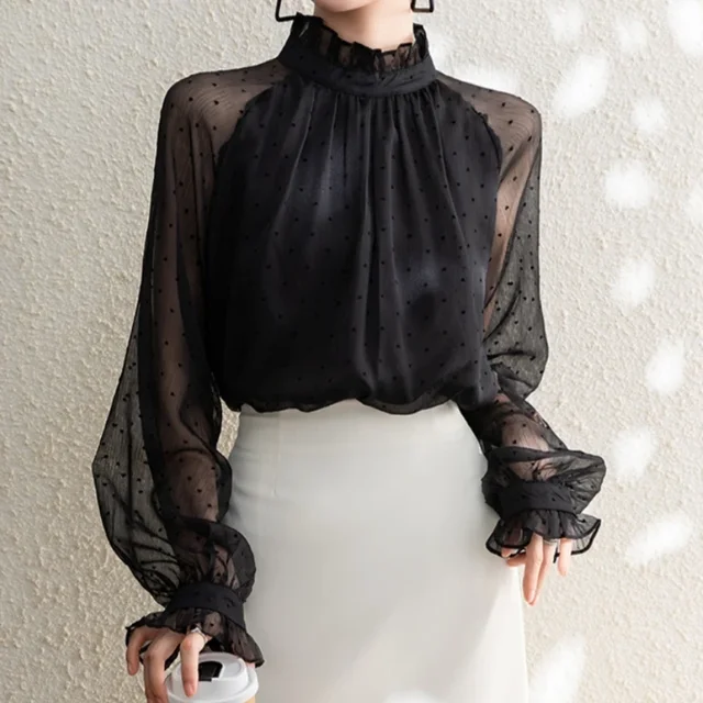 Spring Summer Black Polka Dots Mesh Women's Chiffon Blouses 2025 New Long Sleeve Stand Collar Vintage Loose Shirts Female