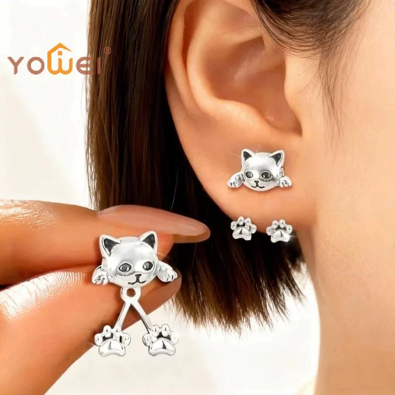 Classic Humorous Silver Cat Earrings for Women; Cute Animal Paw Hanging Backs for Party Banquet and Jewelry Present