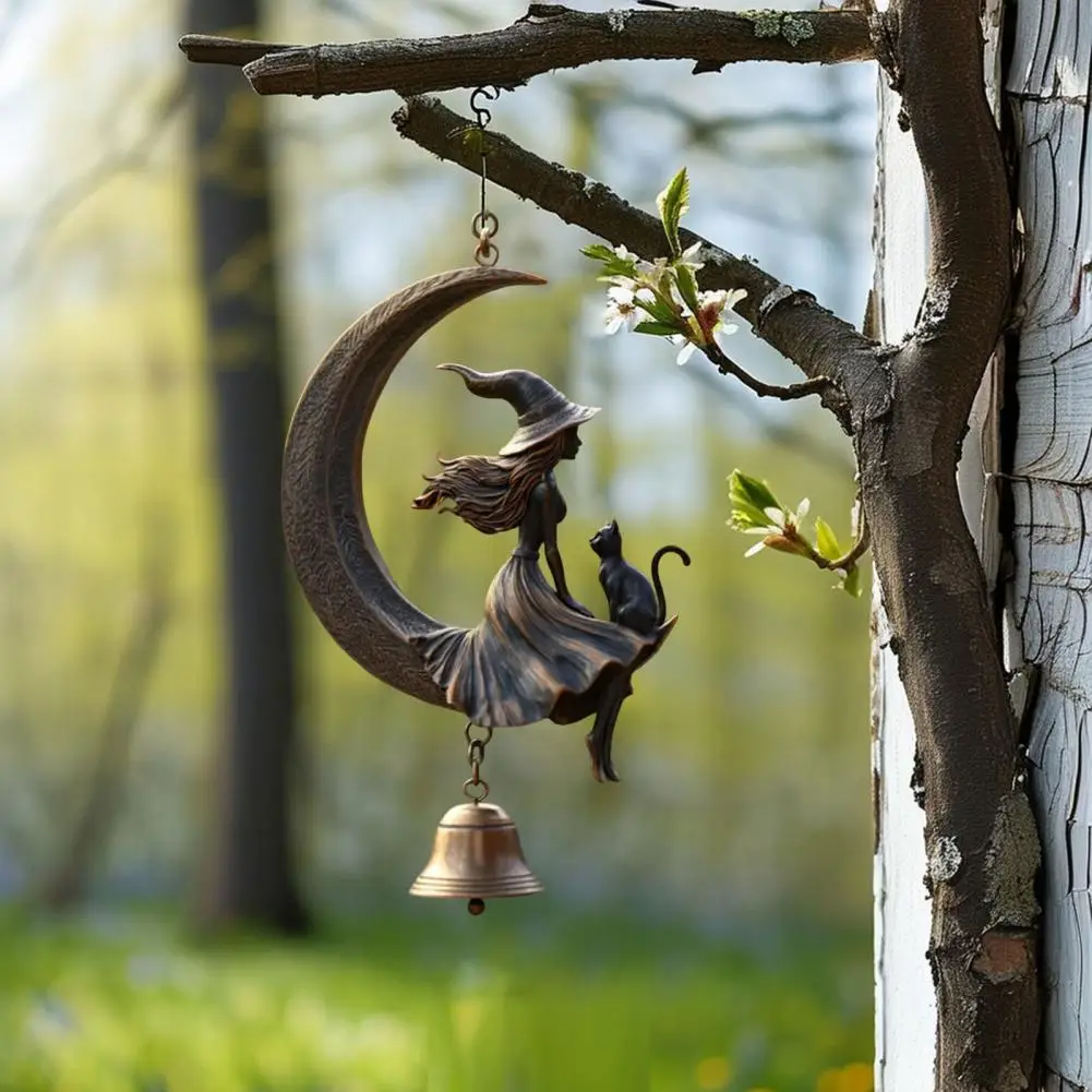 High Metal Chimes Halloween Witch Black Cat Moon Wind Chime for Garden Patio Decor Spooky Hanging Bell Ornament with for Outdoor
