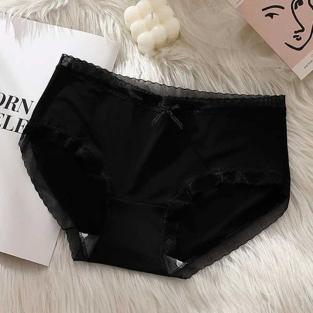 Comfortable Bow Ice Silk Panties Mid Waist Transparent Ruffle Briefs Simple Female Lingerie Underpants for Women Women