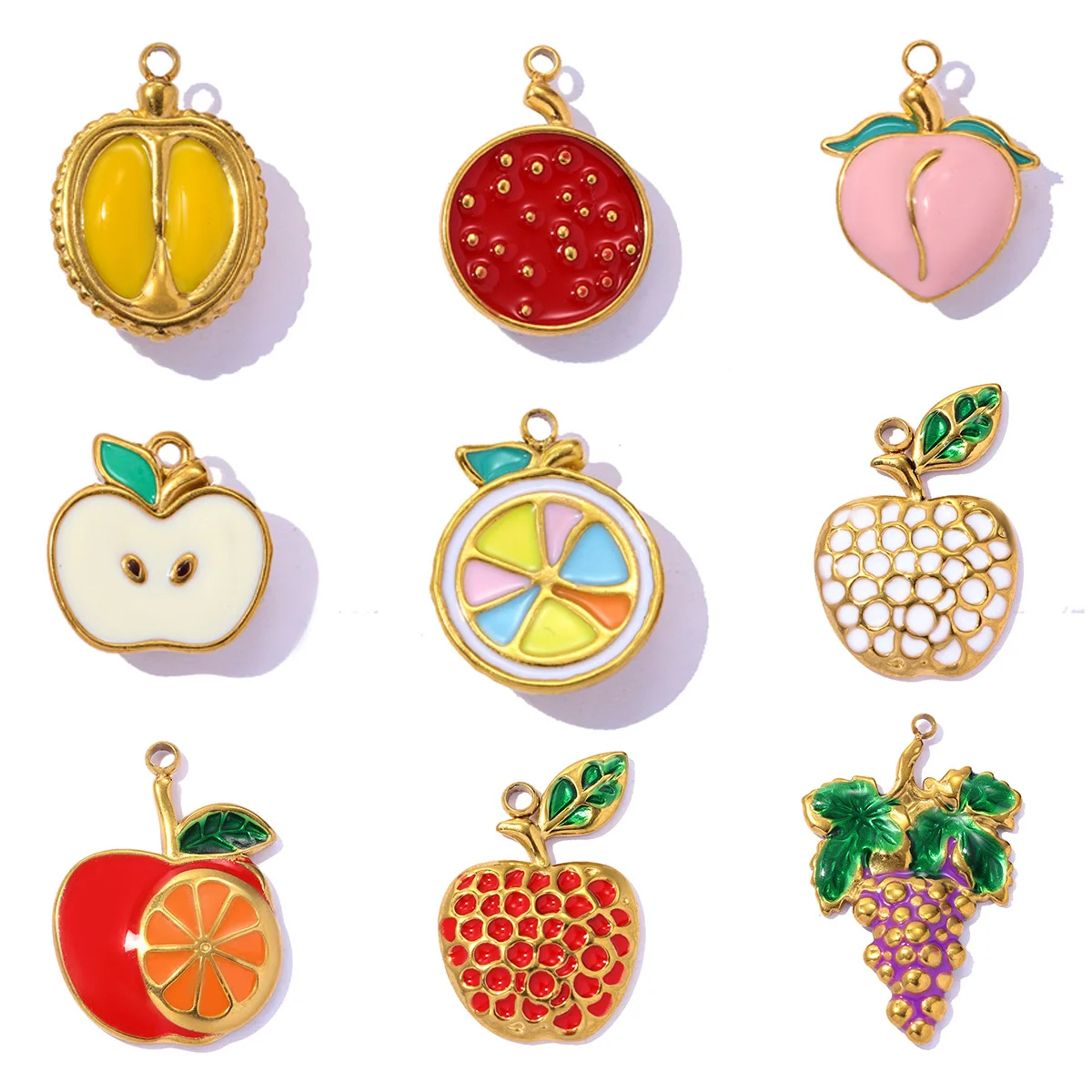 3pcs/Lot Stainless Steel Enamel Lemon Pomelo DIY Charms Durian Peach Necklace Pendants Apple Shoe Accessory Wholesale