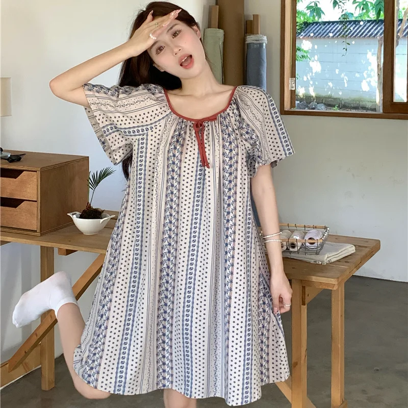 Nightgowns Women Summer Panelled Sweet Printing Lazy Casual Home Sleepwear Korean Style Aesthetic Tender Girlish Outdoor Mujer