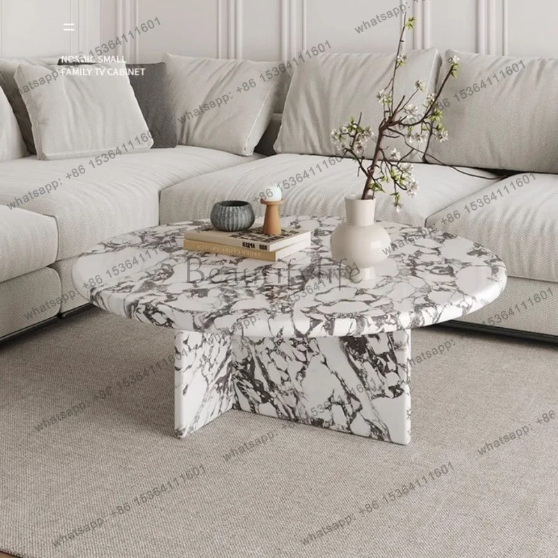 French Cream Organic Round Coffee Table, Natural Marble for Small Space, Heat & Scratch Resistant, Master Design, Customizable