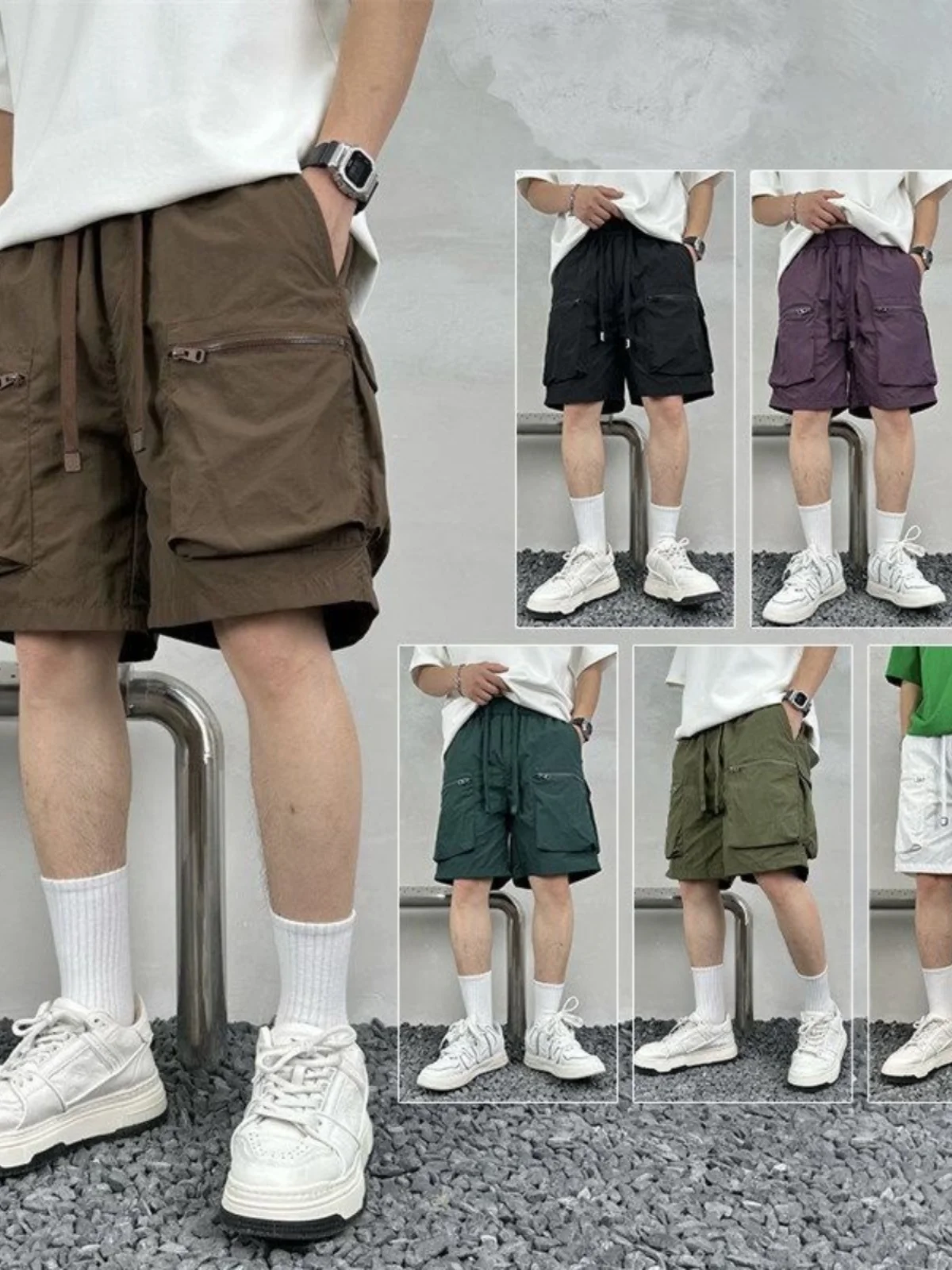 

Men's Summer Ice Silk Thin Breathable Quick Dry Work Shorts Five-Quarter Loose Sports Pants Elastic Waistband Youth Active Style