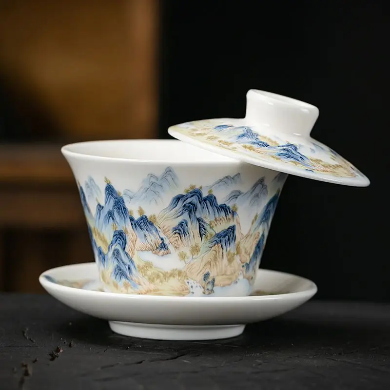 New Chinese Style Suspension Lid Sancai Gaiwan Large Ceramic Tea Cup Lidded Bowl Kung Fu Tea Set Offering Cup Home Office Gift