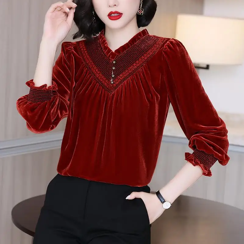 

Temperament Sping Autumn New Women's Solid V-Neck Pleated Button Patchwork Fashion Elegant Loose Long Sleeve Shirts Tops TT622