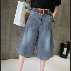 Summer Blue Women's Midi Jean Pants Fashion with Pockets Belt Knee Length Pants Woman Korean High Waist Loose Straight Shorts