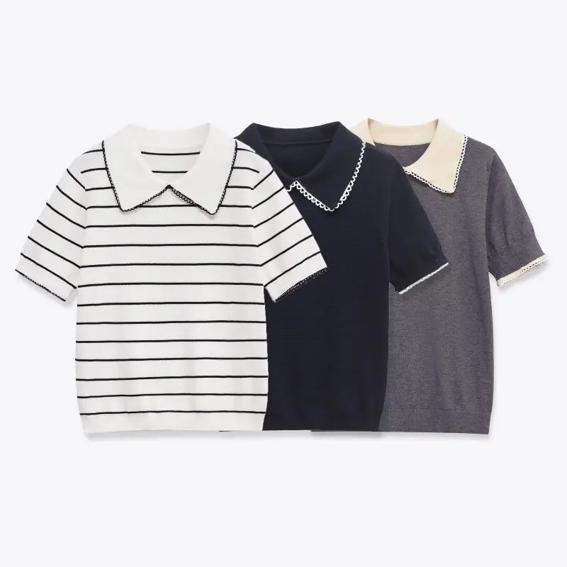 

Women’s Lace Spliced Polo Knit Short Sleeve T-Shirt Summer Casual Fashion Top Blouse
