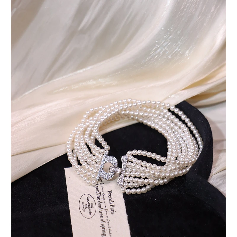 Super flash INS multi-layer pearl bracelet women's luxury wedding sparkling hand chain gorgeous lady accessory