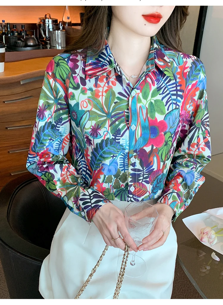 FANIECES Vintage Hawaii Print Women Shirt Autumn Long Sleeve Tops Fashion Streetwear Personal Blouses 한국인후기많은옷 рубашка мужская