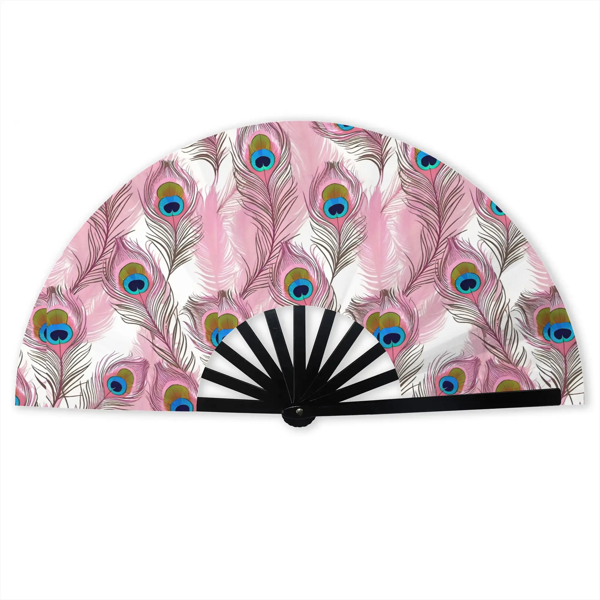 Customized Peacock Feather Portable Pocket Fan Outdoor  Polyester Folding Fan Chinese Dance Handheld Cooling Fans