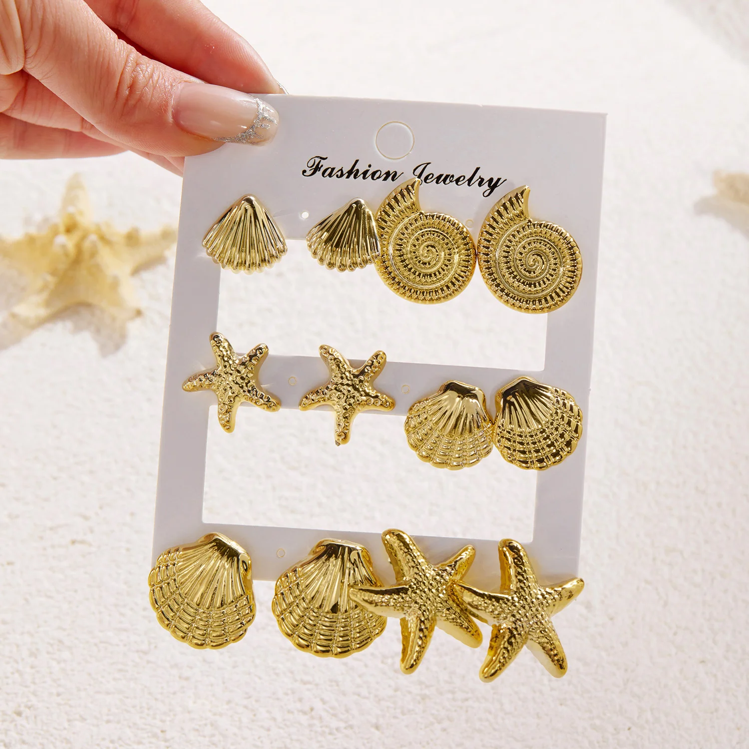 Sommer CCB Seestern Muschel Ohrstecker Set für Damen Goldfarben Stern Geometrische Ohrringe Trendiger Strand-Schmuck
