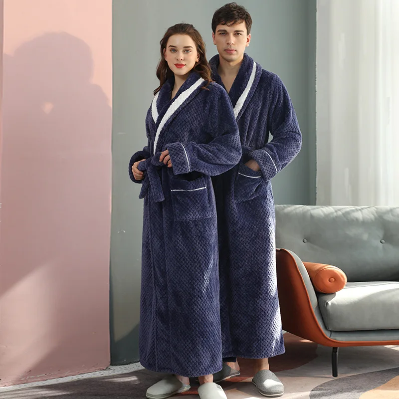 Women Men Thermal Luxury Flannel Extra Long Bath Robe Winter Sexy Grid Bathrobe Warm Kimono Dressing Gown Bridesmaid Robes