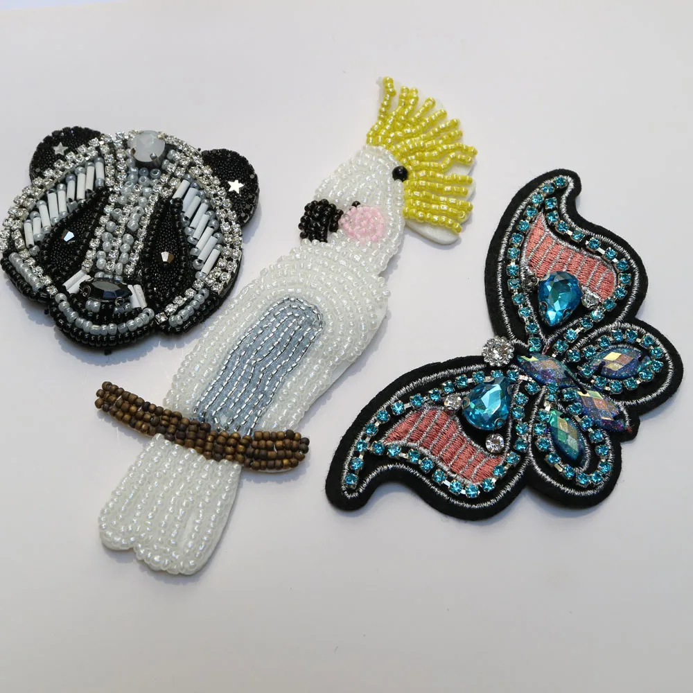 Butterfly beaded patches for clothing Sew on patch bird panda decorative parches bordados para ropa Embroidery applique clothing