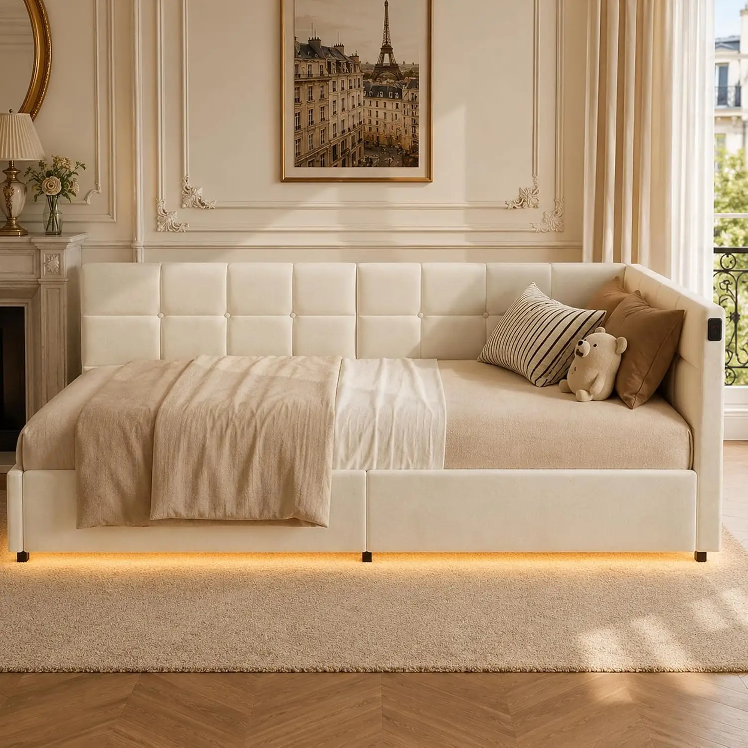 Divano letto imbottito 90 x 200 cm con luci a LED, letto con contenitore 90 x 200 cm con USB e porta Type-C, divano letto idraulico con vano portaoggetti, letto singolo per bambini 90 x 200 cm con