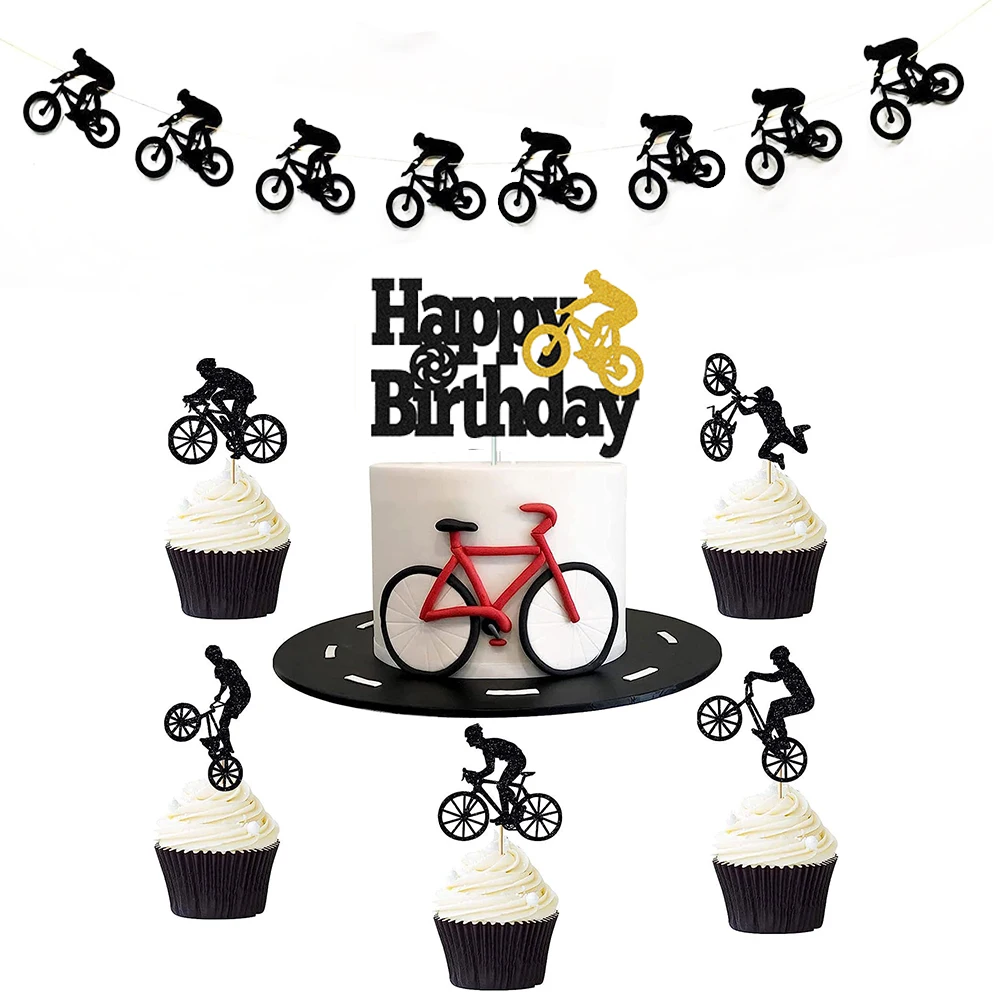 Bike Game Birthday Decorations Bicycle Garland Banner Cycling Rider Cupcake Toppers Boy Birthday Baby Shower Party Decoration
