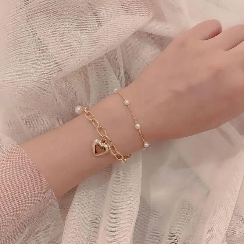 Fashion Chain Love Pearl Double Layer Bracelet Pretty Peach Heart Pendant Bracelet Women Birthday Gift Jewelry Accessories