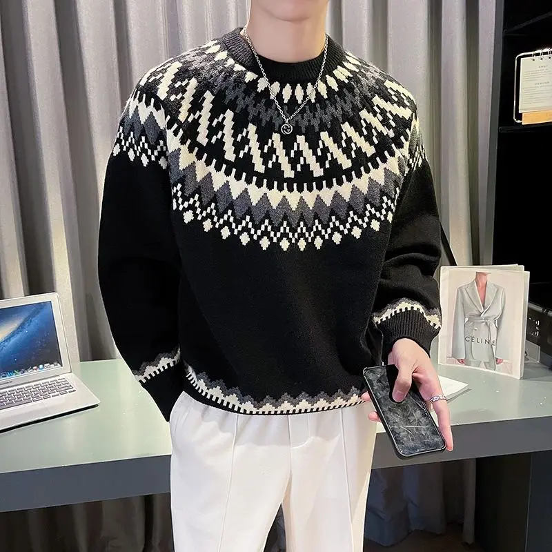 Autumn Winter Men\'s Clothing Crew Neck Pullover Lantern Long Sleeve Geometric Screw Thread Contrast Color Sweater Knitted Tops