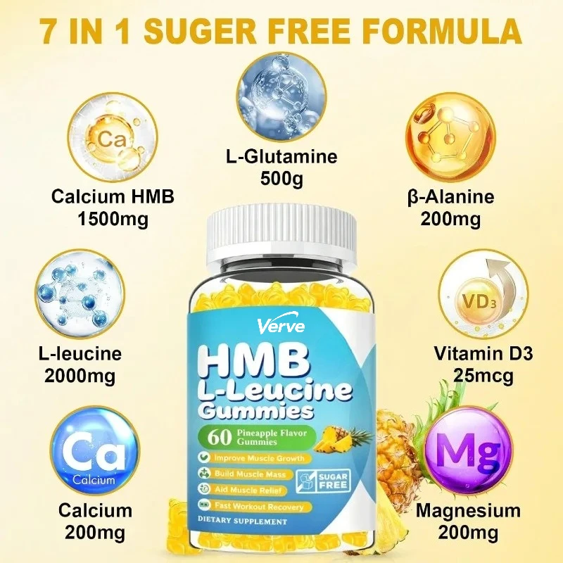 HMB and L-leucine Gummies, Vegan with Vitamins, Pineapple Flavor, 60 Gummies
