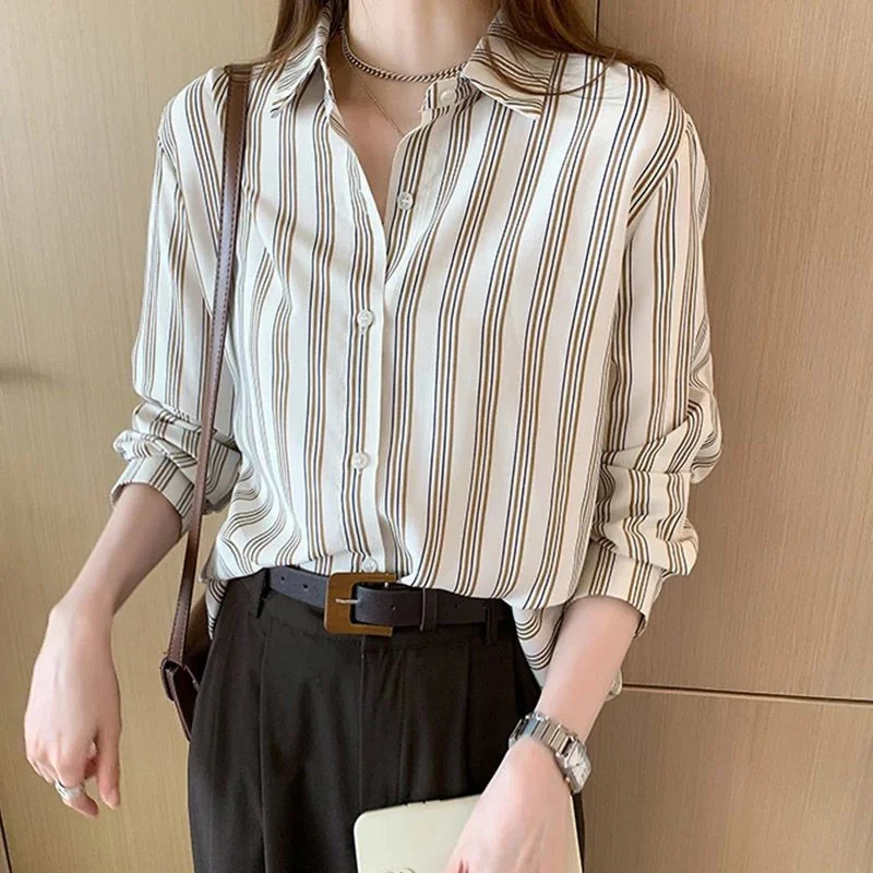 

Рубашка в вертикальную полоску для женщин с длинными рукавами, повседневный и универсальный темпераментный весенне-осенний дизайн, свободный топ в стиле ретро