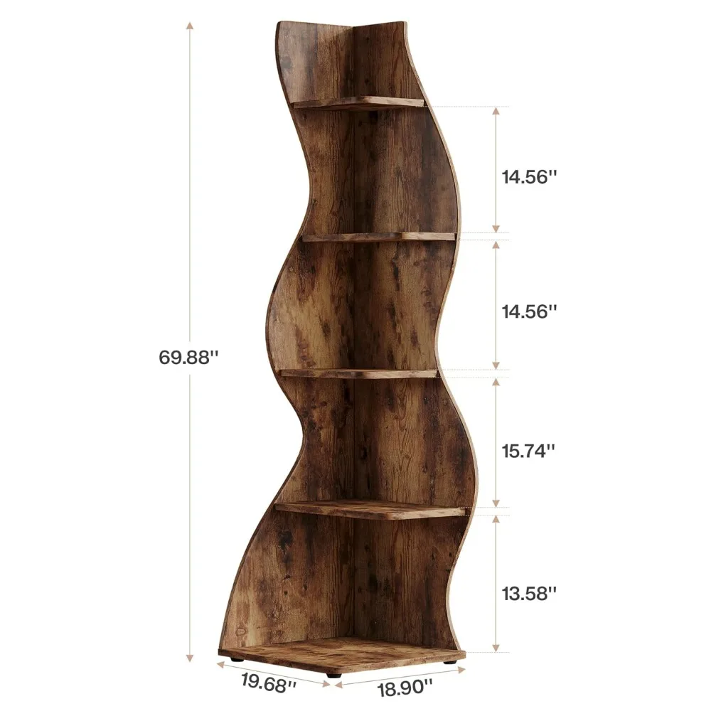 

Wavy Corner Shelf, Modern 5-Tier Bookshelf Bookcase with Curvy Shape, Unique Plant Stand Display Rack for Living, Customized