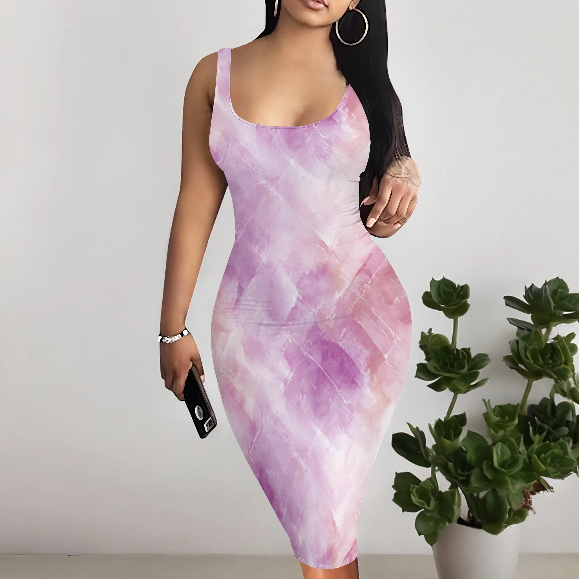 

"Purple Watercolor Bodycon Dress for Women - Sleeveless Summer Dress S-3XL, Perfect for Brunch & Casual Outings"