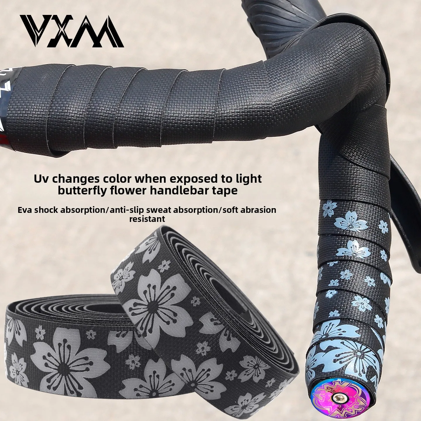 

Road bicycle handlebar, winding strap, EVA shock-absorbing, PU wear-resistant anti-slip UV light-changing butterfly flower strap