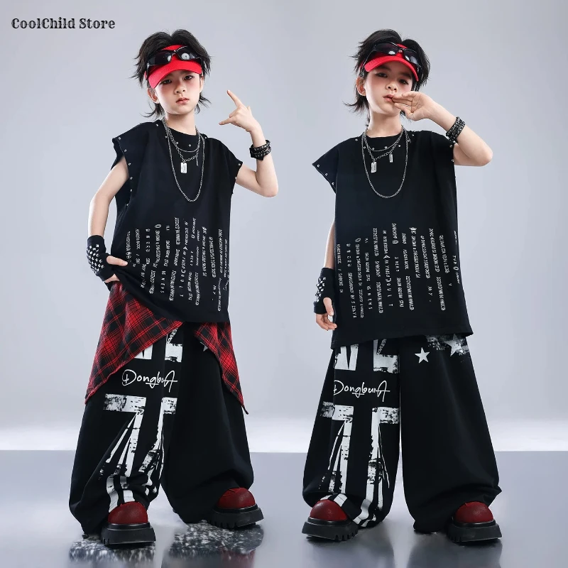 Hip Hop Boys Vest Cool Graffiti Letters Pants Girls K-pop Streetwear Jeans ChildrenStreet Dance Costumes Kids Jazz Clothes Sets