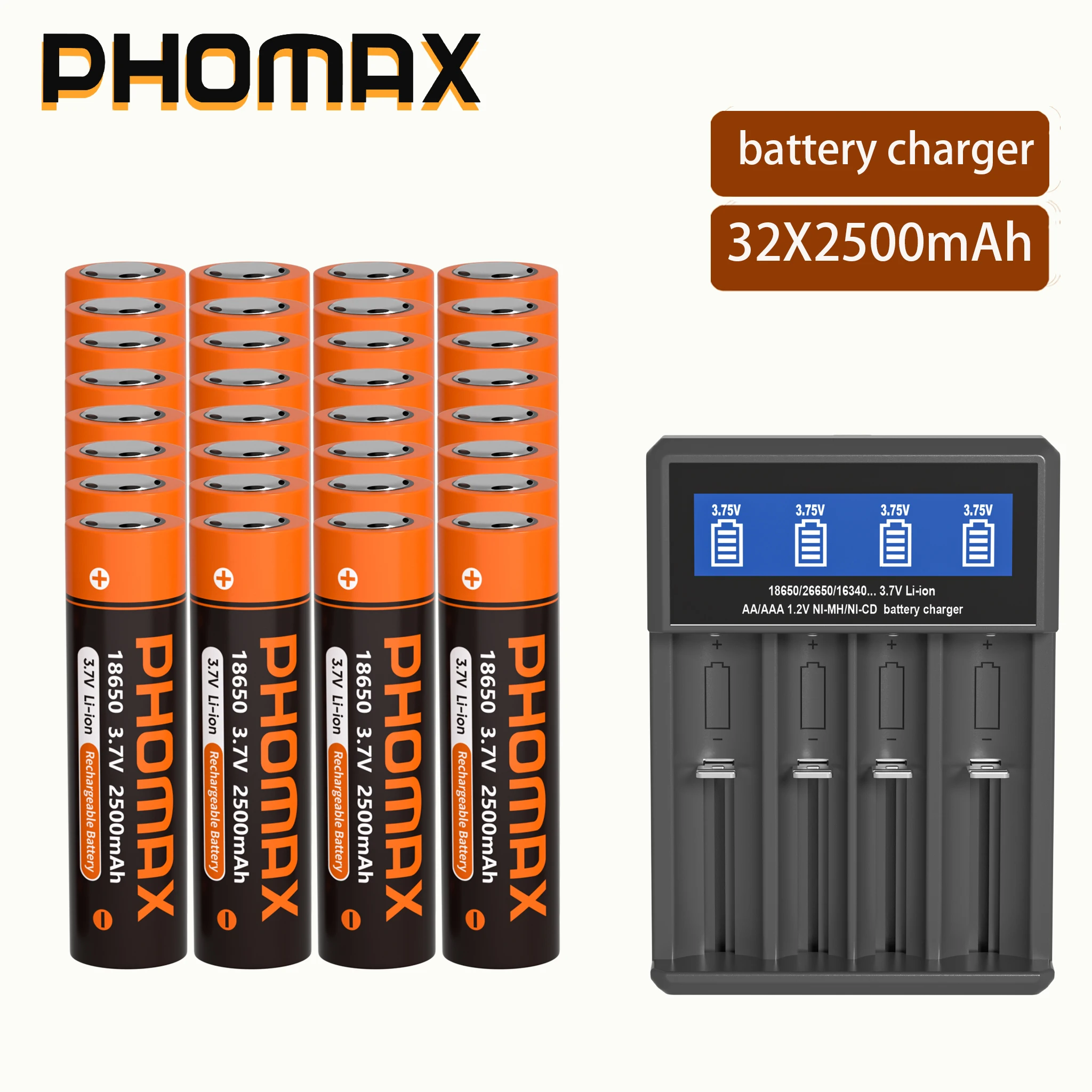 Akumulator litowy PHOMAX 18650 3.7V 2500mWh z inteligentną ładowarką 18650 na 4 akumulatory, akumulatory do ponownego ładowania do latarki, lampy czołowej, zabawek, majsterkowania — zdjęcie produktu 6