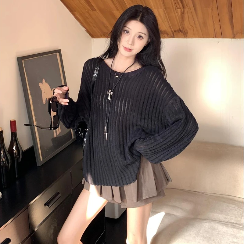 

New Spring Autumn Oversized Thin Knitted Sweater Women Loose Cardigan Pullover Tops Korean Fashion Wide Truffle Shoulder Sweater
