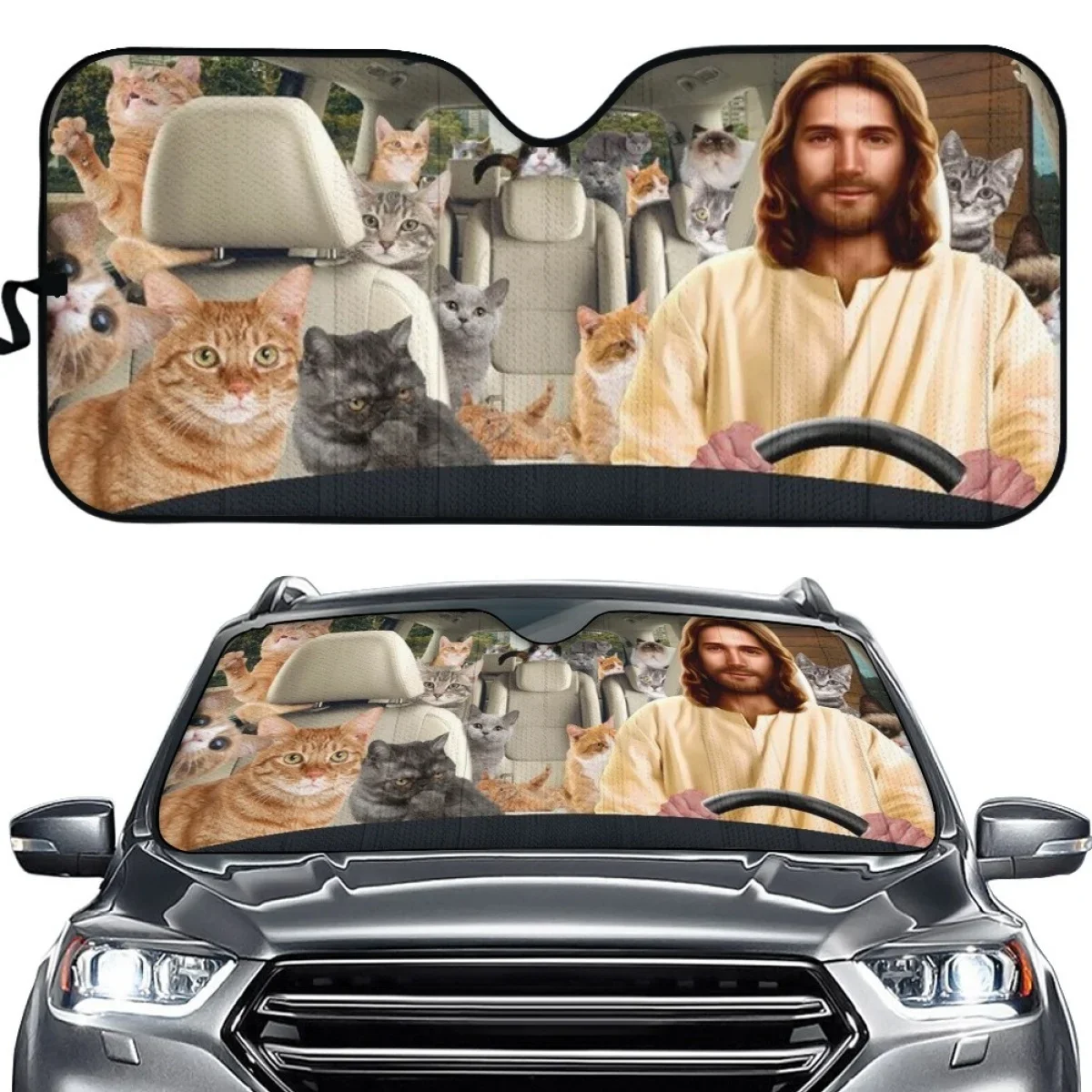 Car Sunshade Funny Driving Jesus and Cat Pattern Universal Auto Windshield Sun Shade Foldable Large Size for Car SUV Van Trucks