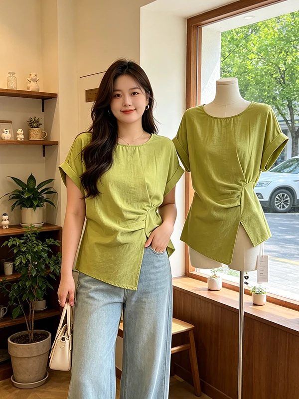 

Fashionable Oversized Short Sleeve Asymmetrical Waist-Cinching Shirt for Women Korean Style Breathable Comfortable Summer New...