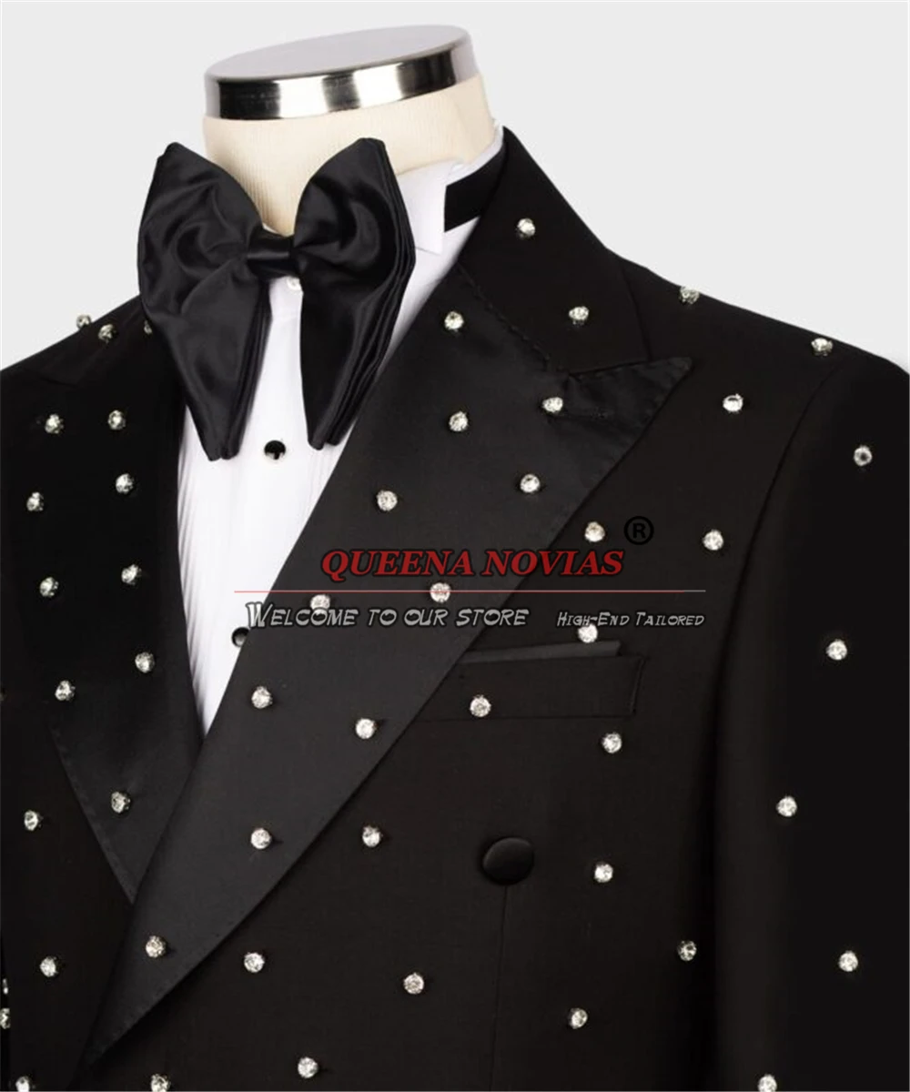 Luxury Wedding Suits For Men Sliver Crystal Beading Jacket Pants Sets Groom Wear Tuxedo Fit Slim Tailored Double Breasted Blazer