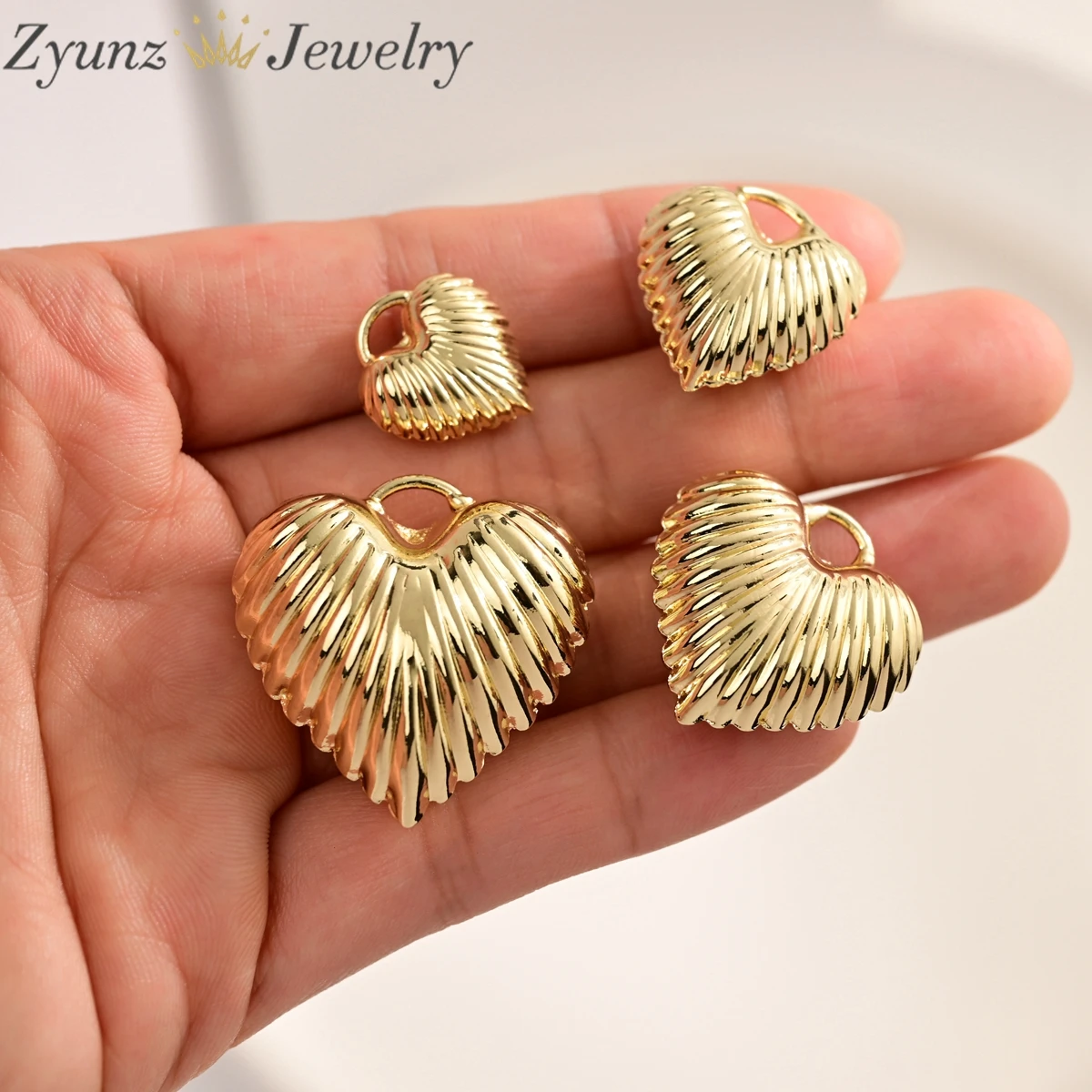 10pcs, 18K Gold Plated Texture Heart Pendant Puffy Puffed Heart Charm DIY Necklace Jewelry Accessory