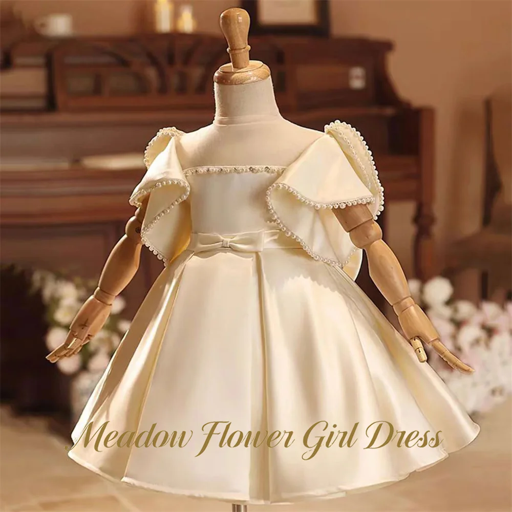 Meadow White Satin Flower Girl Dresses with Pearls Kids Birthday Party Dresses with Statement Bow A Line Princess Girls Dress