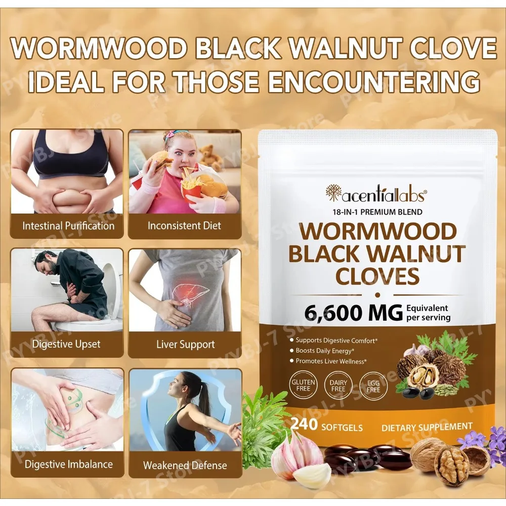 Wormwood Black Walnut Cloves Softgels Supports Digestive Comfort, Liver Wellness & Gut Balance 18-in-1 Herbal Blend 240 Softgels