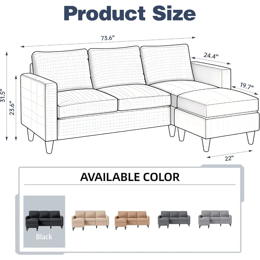 Modułowa sofa segmentowa o głębokości siedziska 73,6 cm, wygodna sofa typu cloud z ruchomym otomanem, sofa w kształcie litery L do salonu.