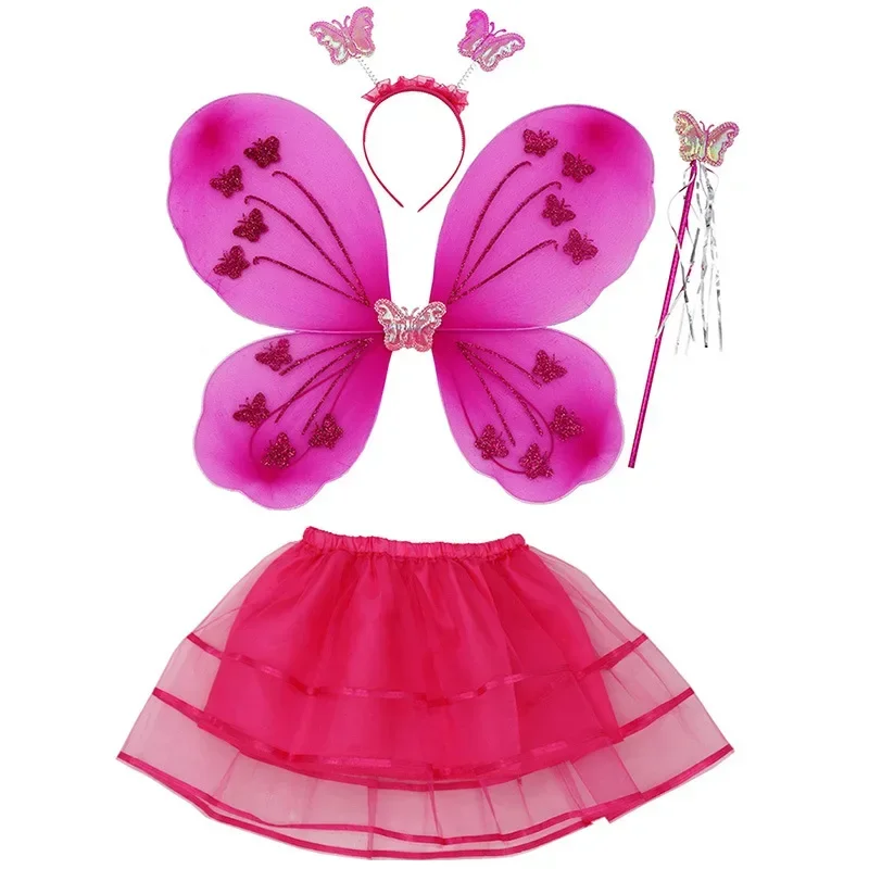 Girl Performance RolePlay Butterflies Costumes Princess Fairy Wings Magic Wand Headband Skirt 4Pcs Halloween Cosplay Party Props