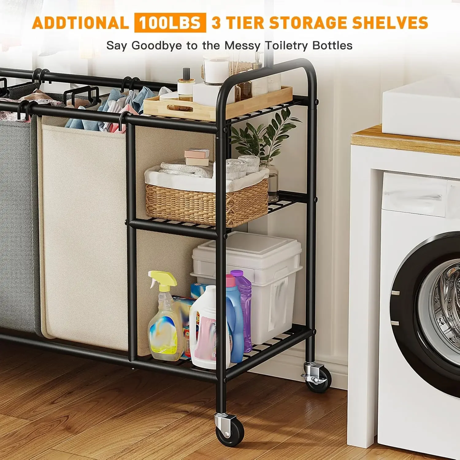 Laundry Sorter 3 Section Rolling Laundry Hamper Cart with Shelf 200L Large Laundry Basket Organizer 3 Compartment Hampers