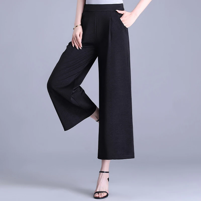 Simplicity Casual Summer Solid Pants Ice Silk Women\'s Elastic Waist Pockets Button Fashion High Waist Wide Leg Cropped Trousers