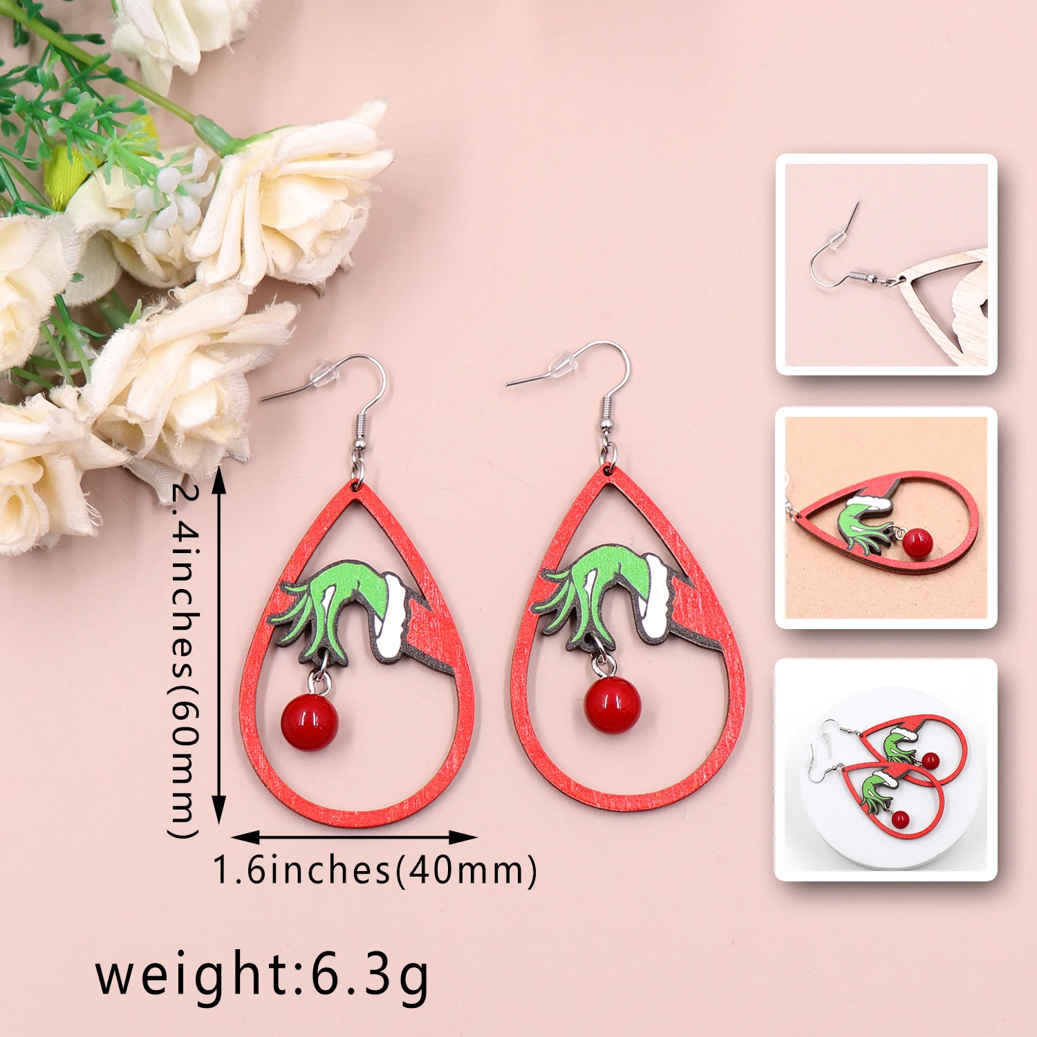 1pair New product CN Drop movie character hand with bead TRENDY Christmas Gift wooden earrings Jewelry for women