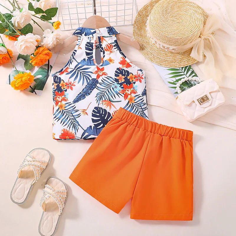 2023 New Child Clothes Sets Sleeveless Halter Print Leaves Orange Shorts Dress 2 Piece Sets Designer Girls Clothes Set 18M-7T