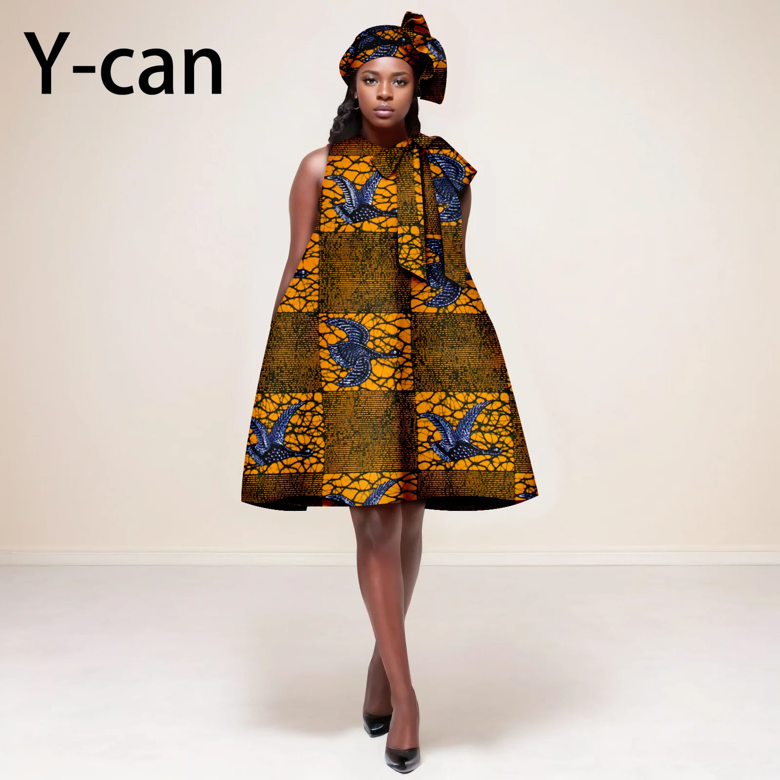 Ankara Women Dresses African Traditional Dashiki Ankara Print Sleeveless Sweet Dress with Headscarf African Clothing 2425162