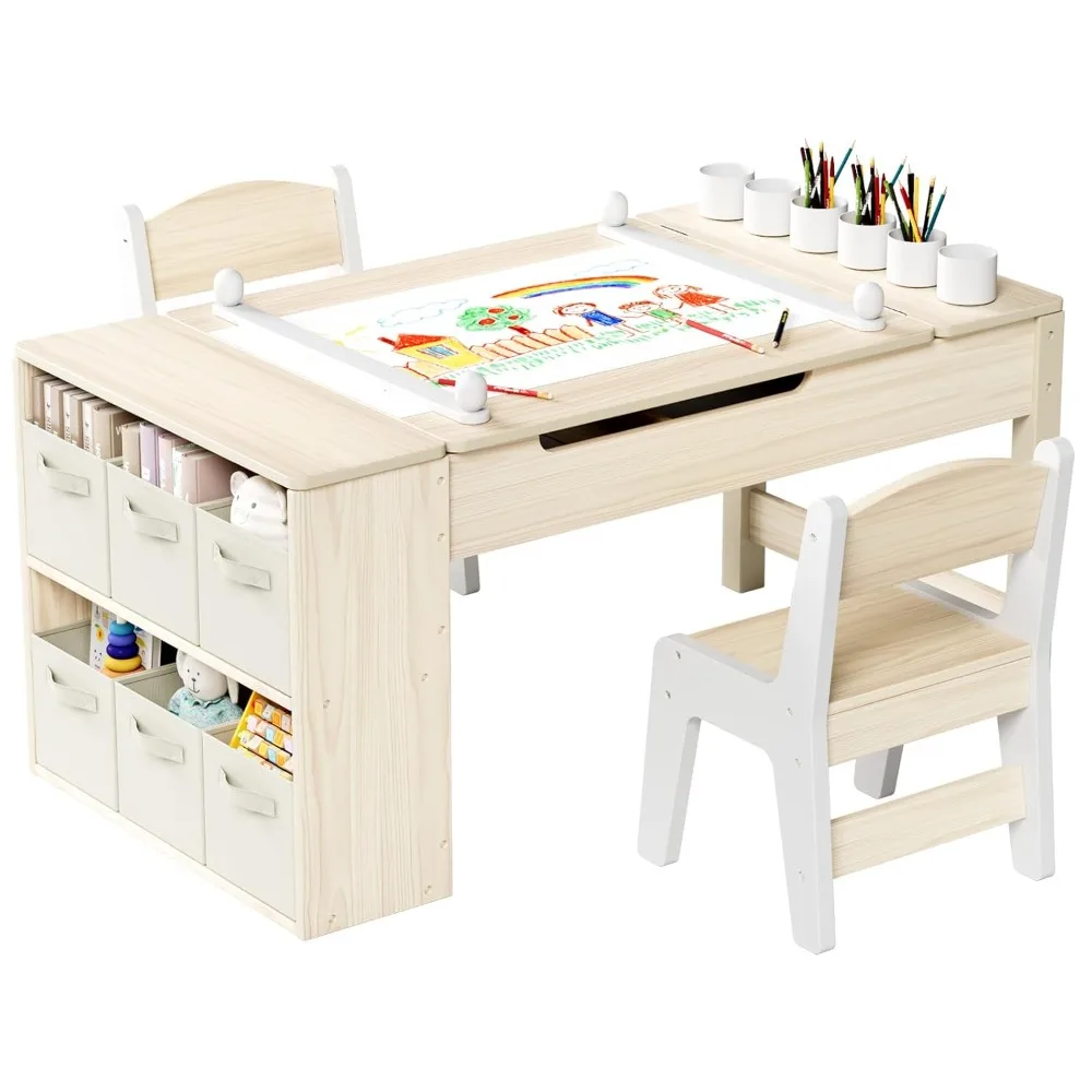 Kids Art Table and Chair Set with Easel, Toddler Wooden Activity Craft Desk, 6 Storage Bins Paper Roll Paint Cups for Drawing